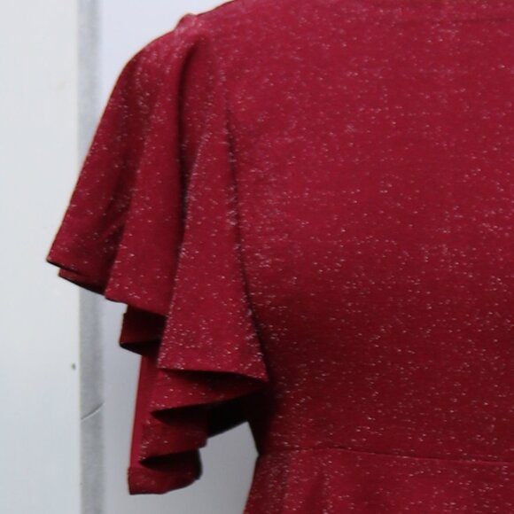 Burgundy Glitter Sparkle Stretch Flutter Sleeve Full A-Line Dress Sz SMALL - Picture 3 of 6